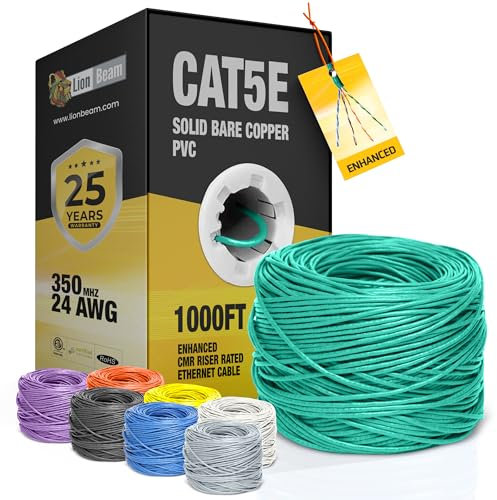 LION BEAM™ Cat5e Ethernet Cable 1000FT Pull-Box, 23AWG, CMR Insulated Solid Bare Copper Internet Cable 350 MHz, Provides High-Speed 1-5Gbps, UTP Bulk Ethernet Riser Cable with Smooth Fast Reel, Green