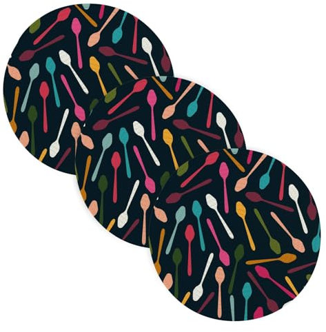Sottopentola per pentola di coccio cucchiai colorati su sfondo blu navy, 3 pezzi, filo di cotone intrecciato resistente al calore, tappetino da tavolo per piatto caldo