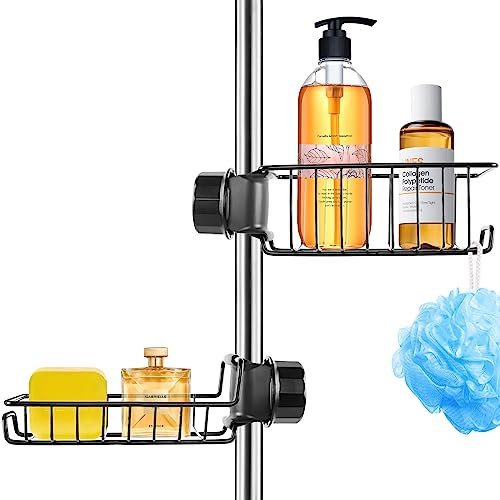 CoFvHo Shower Caddy Shelf No Drill 2 Pcs, Stainless Steel Shower Shelves for Riser Rail 18-27mm, Rustproof Storage Rack Hanging Bathroom Organiser for Shampoo Soap, Kitchen Toilet, Black
