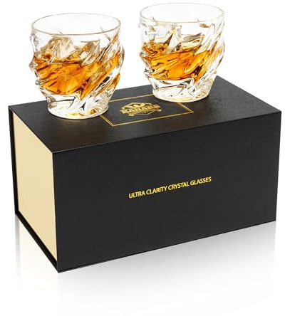 KANARS Vasos de whisky antiguos, juego de 2 vasos de bourbon de 10 onzas con caja de lujo, vidrio ultra transparente para whisky escocés, whisky irlandés, ron y cóctel