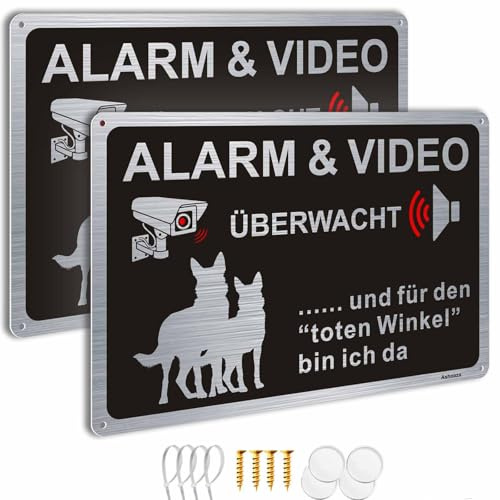 2 Stück Schild Alarm und Videoüberwachung, Hunde Kamera Aluminium 30x20, Warnung vor dem Hund Schilder Metall, Achtung Videoüberwachung Schild, Kamera Überwachung Alu (Warnschild)
