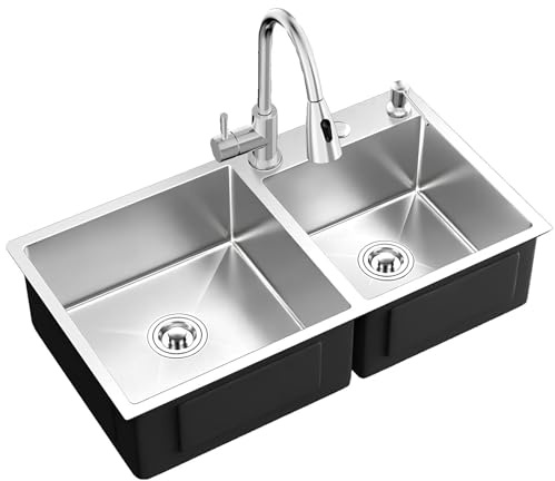 Fregadero Cocina 2 Senos 72x40cm, Fregadero De Cocina De Acero Inoxidable, Fregadero Bajo/Encimera/Enrasado Con Juego Desagüe (72x 40 X 22cm)(68x38cm/26.7 * 14.8in)