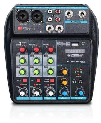 Vocdikficy Console Mixer Audio USB Professionale A 4 Canali con Bluetooth, Capacità di Registrazione per DJ e Mixaggio PC
