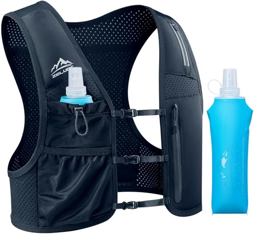 Zelvot Laufweste für Damen und Herren, Europäisches Originalpatent, Verstellbare Brustgurte, Trinkrucksack mit 500ml Wasserflasche, Reflektierender Laufrucksack für Marathon (Schwarz, XS/S)