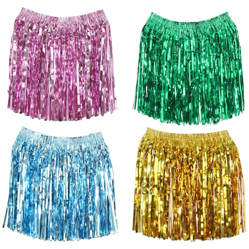 4 Stück Lametta Rock Grass Hula Rock Kostüme Outfit Party Lamettaröckchen für Einschulung Schulkind Klassentreffen Fussball WM 2026 Hawaii Beach Hawaii Tropical Luau Fasching Karneval Party