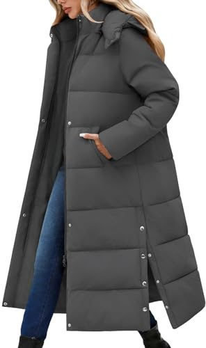 CMTOP vinterkappa dam lång med huva tjock varm vinterjacka extra lång vindtät steppkappa ledig vattentät dunkappa elegant lös parka med slits, Mörkgrå, S