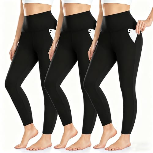 3 Pack High Waisted Yoga Black Leggings with Pockets for Women, Gym Running