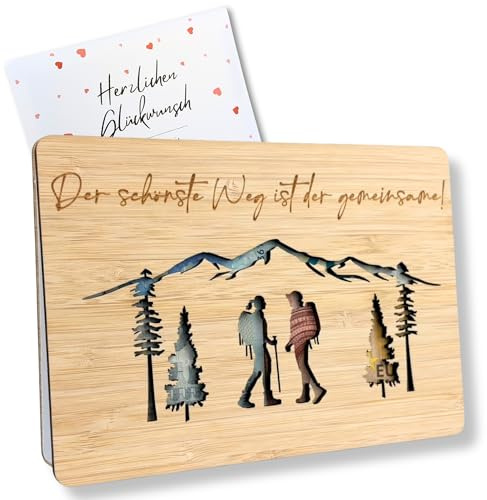 Geldgeschenk Hochzeit Wanderer | Holz Hochzeitskarte mit Umschlag | Hochzeitsgeschenke für Brautpaar | Bambus Hochzeitsgeschenk | Geld schön verpackt für das Brautpaar | Geschenk Hochzeit