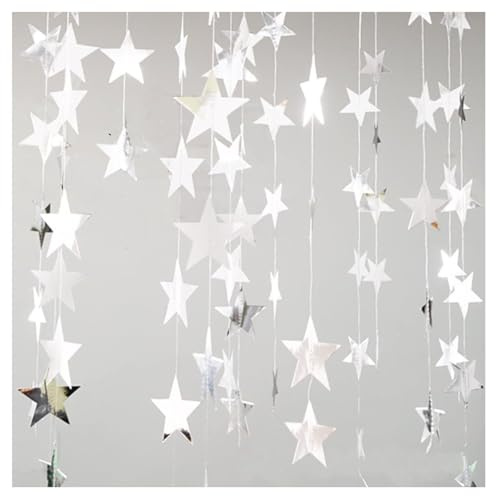 MYPOTO 5X 4m Glitzer Sterne Girlande Silber Party Deko Hängen | Reflektierende Papiersterne. Ideal für Geburtstag, Karneval, Hochzeit & Jubiläum. Leicht aufzuhängen, drinnen & draußen.