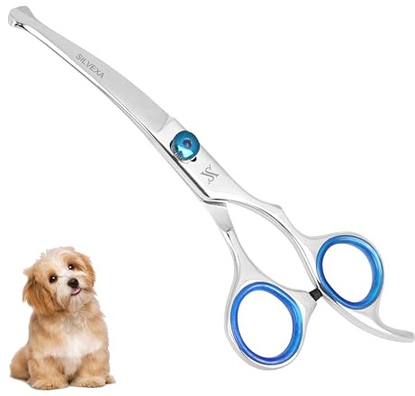 SILVEXA 6.5” Curved Pet Grooming Scissors – Professional Dog Hair Cutting Shears with Blue Adjustable Tension Screw & Comfort Grip – Ideal for Face, Ears, Paws & Finishing