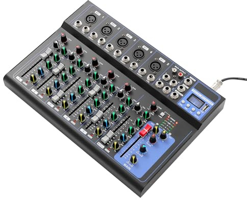 Mezclador de audio de 7 canales, mini mesa de mezclas con alimentación fantasma de 48 V, entrada USB, mezclador estéreo de DJ para grabación en directo, karaoke, streaming, ideal para estudio