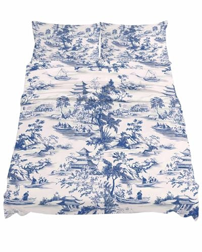Full Size Fitted Sheet Set,Blue Chinoiserie Garden Pavilion Deep Pocket Bed Sheet Fits Mattress Up to 16,Soft Bottom Sheets with Pillowcases and Flat Sheet,Asian Scenic Hill Boat Plant for Bedroom