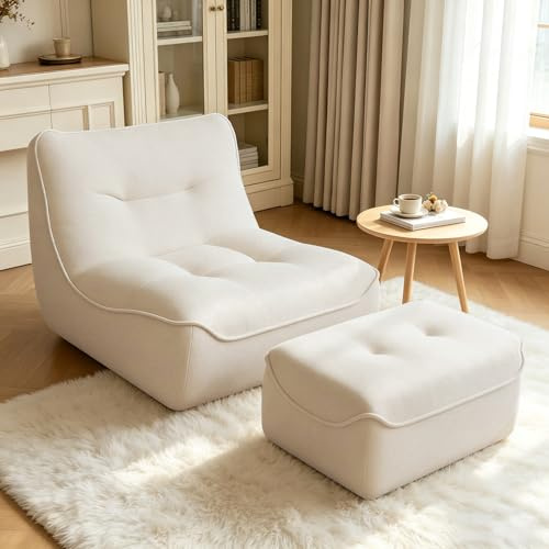 WXJHL Bean Bag Couch, Large Bean Bag Loungers Chairs with Ottaman for Adults and Kids Lazy Floor Sofa with Memory Foam Filled for Bedroom Living Room, Beige