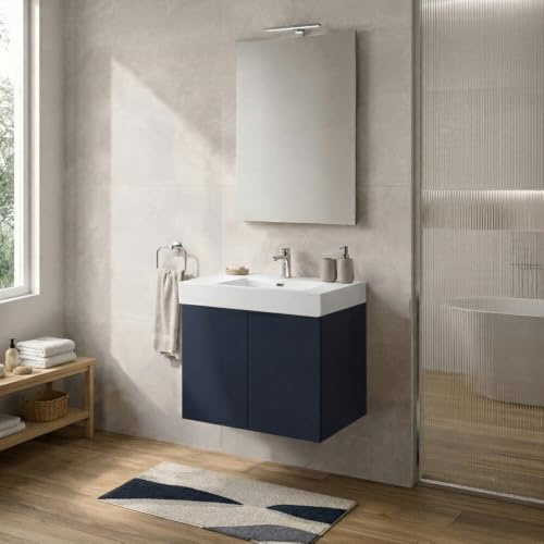 Inbagno Mobile Bagno Sospeso 60 cm Blu – Mobiletto Lavabo Moderno a Due Ante Push and Pull – Mobile Già Montato con Lavandino in Resina Linea Tierra