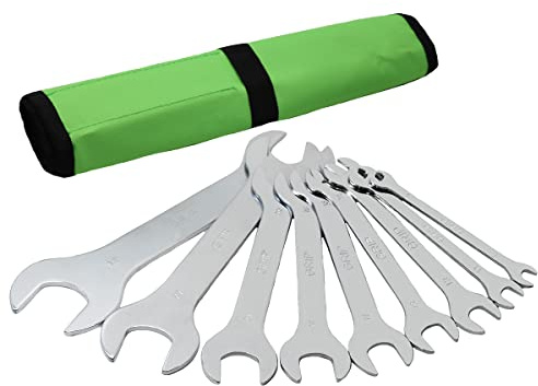 GRIP 9 pc Super Thin Open End Wrench Set Metric - 1/8 Thickness - Sizes 8 x 9mm, 10 x 11mm, 12 x 13mm, 14 x 15mm, 16x 17mm, 18 x 19mm, 20 x 21mm, 24 x 27mm, 30 x 32mm - Roll Up Storage Pouch