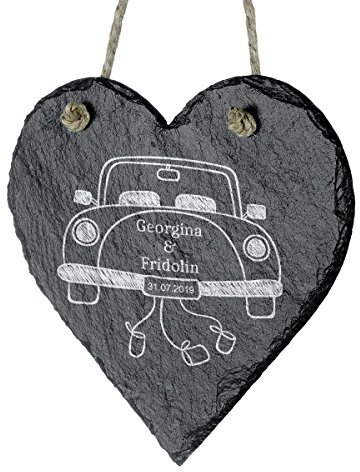 polar-effekt Schieferherz zur Hochzeit Personalisiert mit Gravur - romantische Hochzeitsgeschenke für Brautpaare - Schiefertafel 18 x 18 cm - Motiv Oldtimer zur Hochzeit