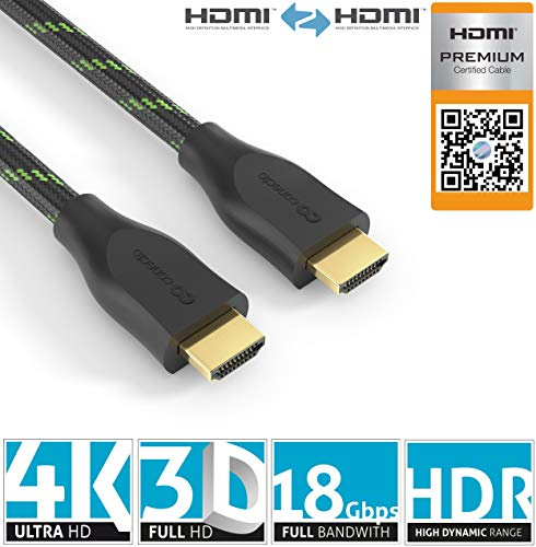 conecto Premium Zertifiziertes High Speed HDMI Kabel mit Ethernet mit Nylongeflecht, vergoldete Anschlüsse (4K UltraHD, 3D Full HD, 18Gbps Full Bandwith, HDR High Dynamic Range), 1,00m
