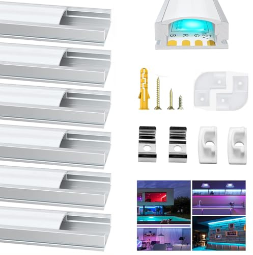 Chesbung U LED Profilo 1 metri x 6 Pack in Alluminio Per Luci LED Strip con copertina, bianca Lattea,Tappi di Chiusura Laterali. Canalina di Alluminio con Cover, Montaggio Universale-Argento