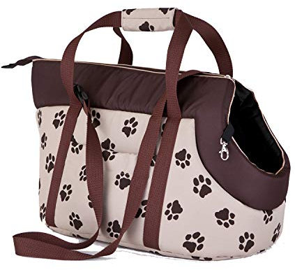 millybo Transporttasche für Hunde Katzen Tragetasche Transportbox Hundetasche (R1 (20 x 36 cm), beige mit Muster (Pfötchen))