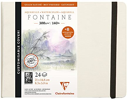 Clairefontaine 975441C - Un carnet cousu de papier dessin Fontaine blanc satiné 24 pages 21x14,8 cm 300g + 8 cartes postales pré-imprimées