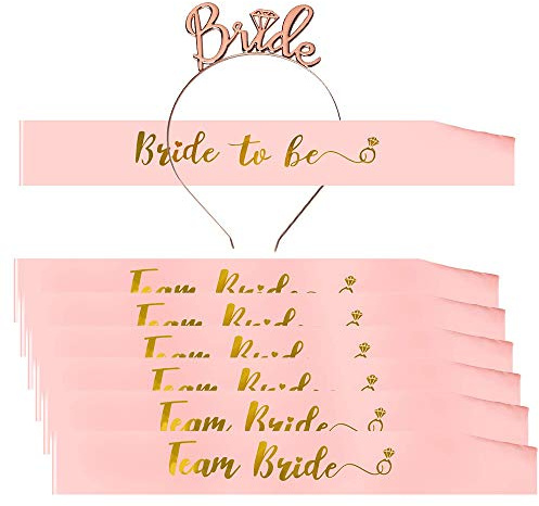 8 Stück JGA deko Bride Tribe Schärpen Set, Braut Schärpe Team Braut Schärpe mit Braut Stirnband, für Junggesellinnenabschied, Junggesellenabschied, Verlobung und Brautparty