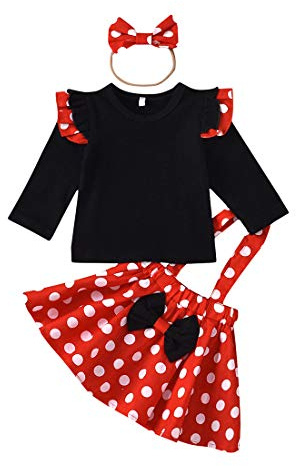 Verve Jelly Neonate Il mio primo compleanno Abiti Camicia a maniche lunghe con volant Top Bowknot Polka Dots Gonna con bretelle 3 pezzi Set di vestiti per l'autunno inverno