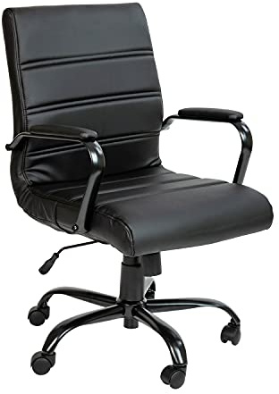 Flash Furniture Bürostuhl mit mittelhoher Rückenlehne, schwarzes LeatherSoft, weicher Chefsessel, Drehstuhl mit schwarzem Gestell und Armlehnen