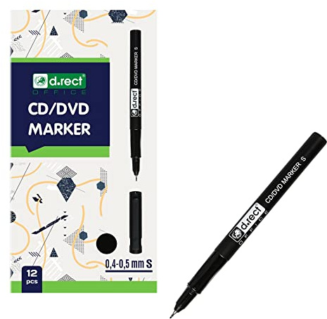 D.RECT Set di 12 pennarelli per CD DVD, 0,4 – 0,5 mm, indelebile da dipingere, vetro, plastica, pellicola, nero