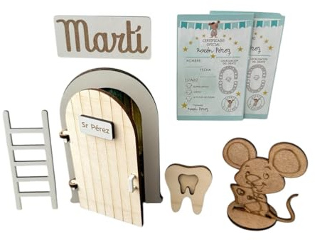 Puerta Ratoncito Pérez Personalizable con Nombre,SE Abre, 4 certificados+Escalera+Felpudo Personalizado+Caja para Diente y opción si Quieres a ratón. Puerta mágica.Casita Ratoncito