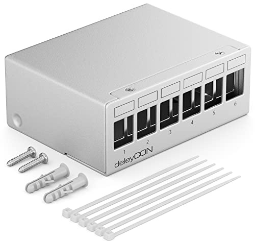 deleyCON 6 Port Patchpanel Gehäuse 1 HE 14,9x17mm Keystone - Grau | Für Keystone Module, RJ45, Koax, BNC, F-Stecker, Antenne, RJ-11, Cinch, Klinke, USB, Toslink, PS2, HDMI