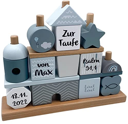 Personalisierte Geschenke zur Taufe I süße Taufgeschenke für Jungen und Mädchen I handgefertigtes Haus als Taufgeschenk 22 x 19 cm I niedliche Tauf Dekoration aus Holz in blau