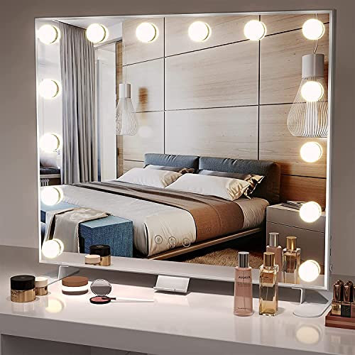 Dripex Specchio da Trucco con Luci, 60x53cm Hollywood da Tavolo o da Parete con Lampadine a 14 Led Tre Colori di Luce e Funzione di Luminosità Regolabile con Controllo Tattile, D’argento