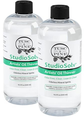 Tusc & Pine StudioSolv™ Odorless Mineral Spirits - Purified Odor-Free Spirit Solvent for Thinning Oils, Artists, Painting Thinner, Professionals, & More! - [2 Pack - 16.9oz (500ml)]