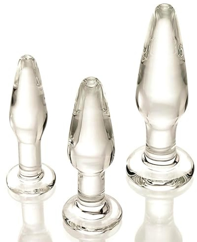 Adam and Eve Glass Anal Plug Set of 3, Hypoallergenic Non Porous Butt Plugs, Smooth Tempered Borosilicate Glass for Backdoor Training and Temperature Play, Small Medium Large Sizes for Women and Men