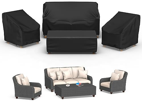 Mrrihand Patio Furniture Covers, 4 Piece Outdoor Furniture Cover Waterproof includ Ourdoor Sofa Cover, 2 Chair Covers, Coffee Table Cover with Windproof Buckle Strap and Adjustable Drawstring-Black