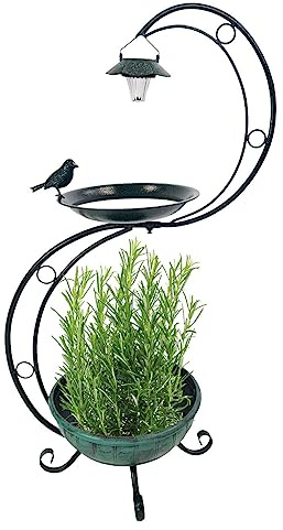 ABC Home Solar Vogelbad mit Pflanzständer – 88 cm hohe Garten-Stele mit LED-Licht & Lichtsensor – 3-in-1 Design: Tränke, Blumensäule & Solarleuchte – Wetterfestes Metall – Dunkelgrün