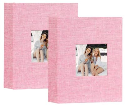 Miaikoe Small Photo Album 6x4 50 Pockets 2 Packs, Slip in Top Loading Linen Album Book Holds 100 Vertical 10x15cm Photos for Family Wedding Baby(Pink)