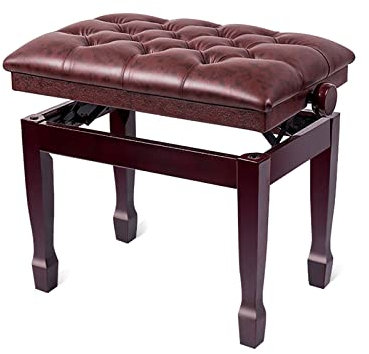 RWRAPS Klavierhocker, Massivholz, Klavierhocker, Leder, gepolsterte Klavierbank, Solo-Keyboard-Hocker mit eleganten Hufeisen-Hockerbeinen, 58 x 41 x 48–58 cm, Teak, Mahagoni (Mahagoni)