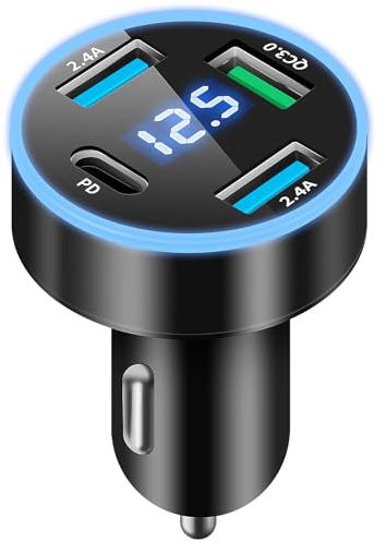 4-Port USB Zigarettenanzünder Adapter, 50W Auto Ladegerät Zigarettenanzünder QC3.0 USB Schnellladegerät PD20W 12V USB C Autoladegerät Zigarettenanzünder mit LED Voltmeter für iPhone, Android, Samsung