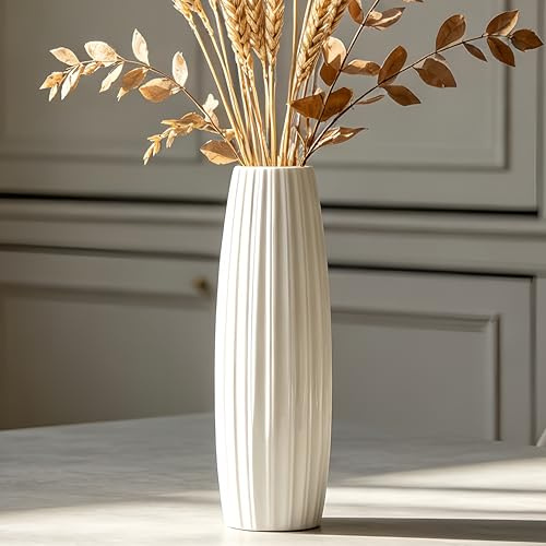 JIDOFUE Vase à Fleurs Blanc en céramique - 30 cm de Haut - Vases structurés Modernes pour Ferme, étagère, Points centraux de Table, décoration de la Maison, décoration de Salon - Grand Vase à Motif