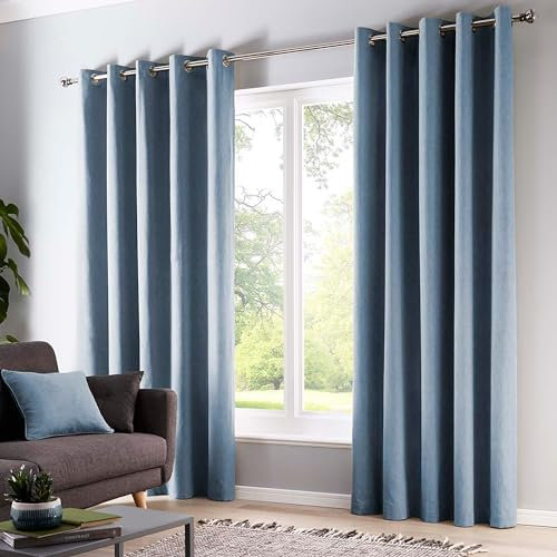 Fusion Sorbonne Eyelet Curtains – Light Blue – W66 x L54 (168 x 137cm) – 100% Cotton – Bedroom/Living Room Drapes – Sky Blue Window/Door Treatment