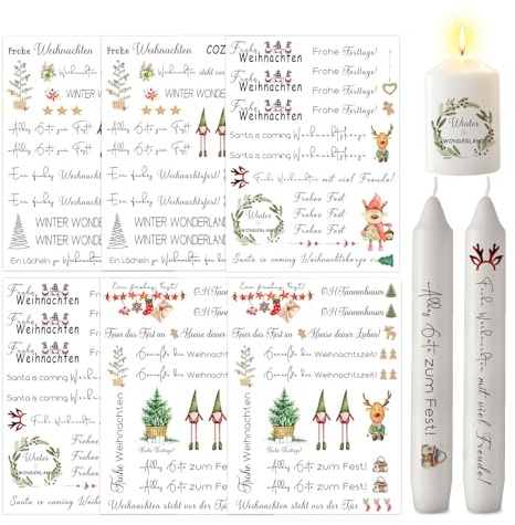 ALLAVA 6 Stück Kerzentattoo Weihnachten, Kerzen Tattoos Wasserschiebefolie A5, Adventskerze, Kerzentattoos Tattoofolie Geschenk für Kerzen oder Keramik Bogen DIY Stickerbogen (Weihnachten A)