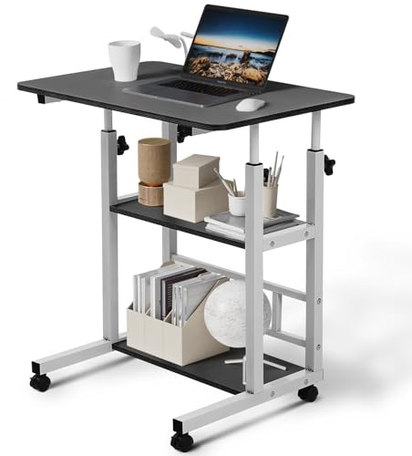 Warmiehomy Movable Computer Desk with USB Ports, Height Adjustable Office Desk with 2 Shelves, Mobile Laptop Table with A Small Fan&Light, Overbed Table for Living Room, Bedroom, 60x37x60-90cm, Black