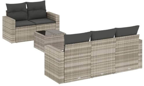 vidaXL Garten Sofa Garnitur 6-TLG., Gartenmöbel Set mit Kissen Stauraum, Sitzgruppe für Garten Terrasse, Modular Gartensofa Lounge, Tisch mit Glasplatte, Hellgrau Poly Rattan