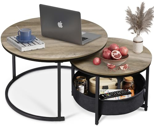 WLIVE Tavolino, Set di 2 Tavolino da Caffè con Cestino in Tessuto, Stile Moderno, Design Industriale, 80/60 CM per Il Soggiorno, Grigio