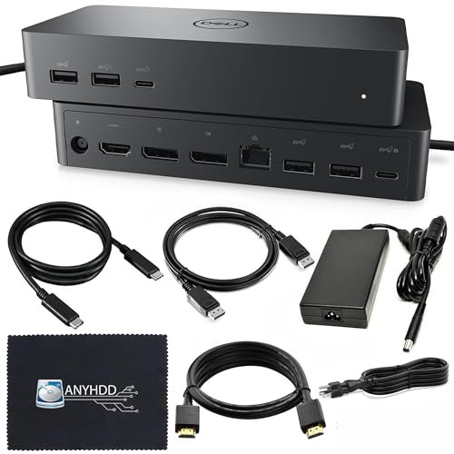 UD22 Dell Docking Station Dual Monitor Bundle - USB-C/USB-A Universal Dell Dock for Laptops Comes with 130W Adapter + Anyhdd HDMI, DisplayPort, USB-C Cables & Cloth - Supports Dual/Triple/4 Monitors