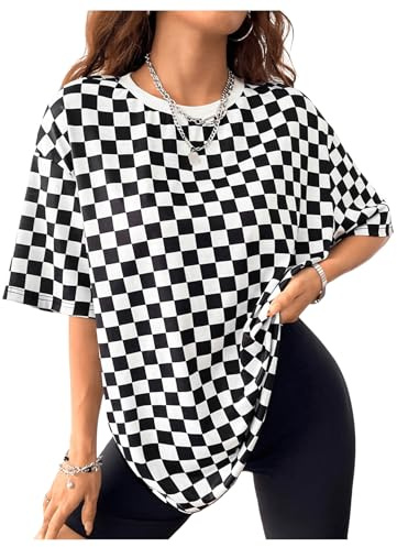 Milumia Women's Checkered Crew Neck Short Sleeve T Shirt Loose Fit Street Tops White and Black Medium