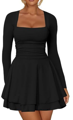RPAEOY Vestito Donna Sexy Maniche Lunghe con Scollo Quadrato Orlo a Volant Abito Elegante Avvolgente Vestiti Moda Miniabito per Cocktail Party (L)