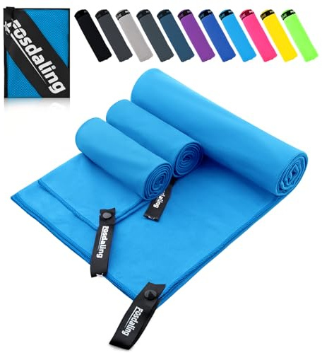 Juego de 3 toallas de microfibra, grandes 200 x 100 cm y 2 pequeñas de 80 x 40 cm, de secado rápido, de microfibra, para viajes, toallas de baño, toallas de fitness y deporte y toalla de playa (azul
