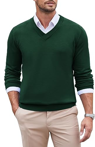 COOFANDY Jersey Hombre Cuello V Jersey de Punto Tejido Fino Suéter Manga Larga Casual y Elegante Pullover Ligero para Otoño Invierno Sweater Básico Verde L